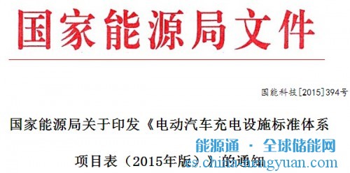 国家能源局关于印发《电动汽车充电设施标准体系项目表（2015年版）》的通知